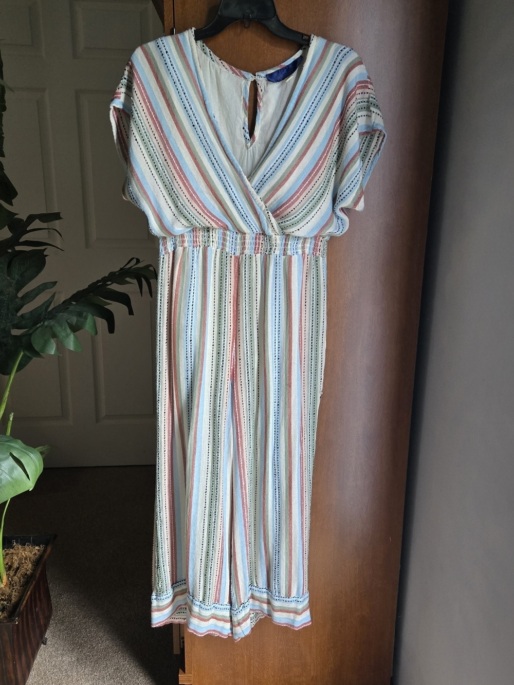 Blue Rain Striped Jumpsuit in White, Blue, Pink and Tan